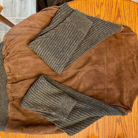 Talbots Brown and Gray Bomber Jacket with Suede and Knit - Picture 2 of 5
